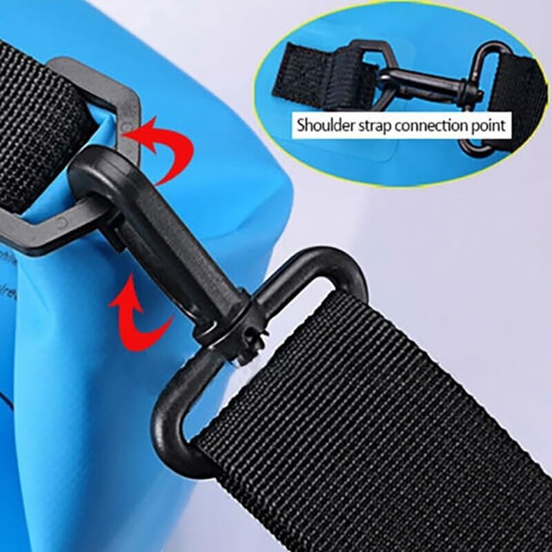 Duskie blue waterproof dry bag with black strap connection point and detail of shoulder strap attachment.