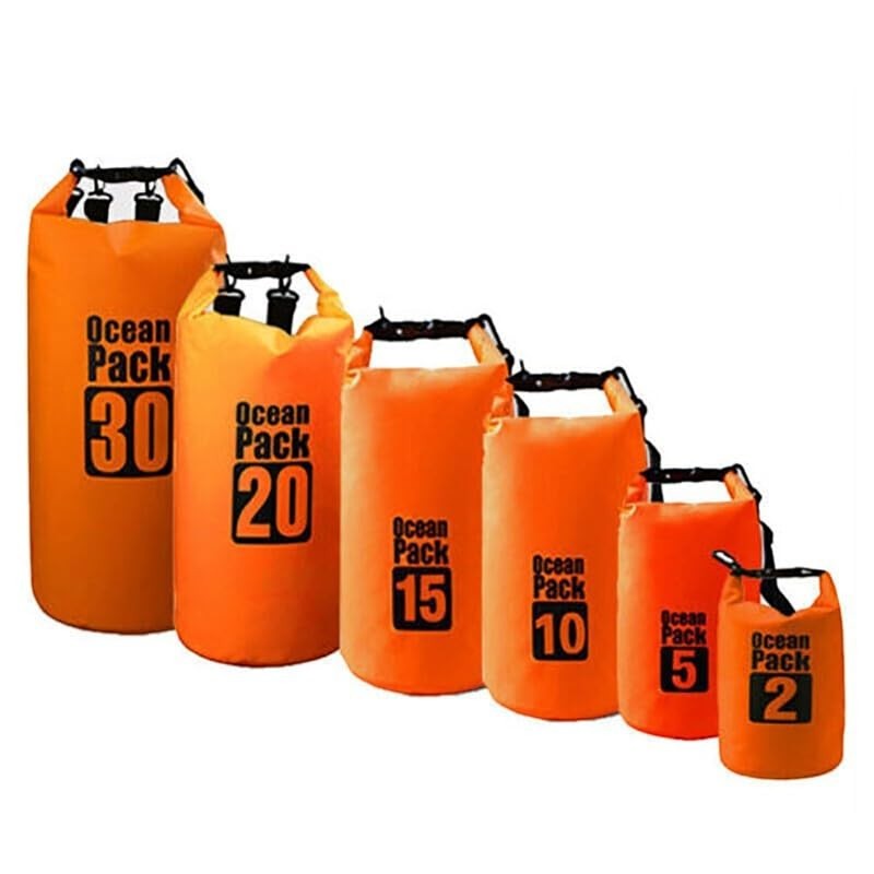 Duskie waterproof dry bags in orange, sizes 2L to 30L, ideal for fishing, camping, and canoeing.