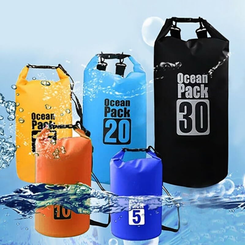 Duskie waterproof dry bags in yellow, orange, blue, and black, available in 5L, 10L, 20L, and 30L sizes for outdoor sports.