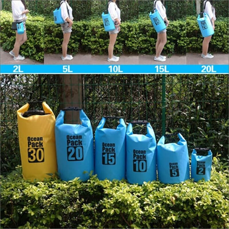 Duskie waterproof dry bags in yellow and blue, available in 2L to 30L, ideal for fishing, camping, and canoeing.