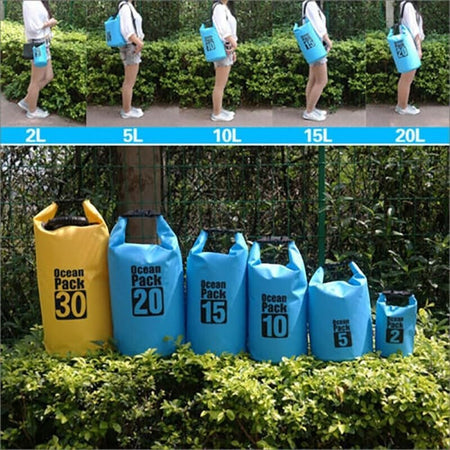 Duskie waterproof dry bags in yellow and blue, available in 2L to 30L, ideal for fishing, camping, and canoeing.