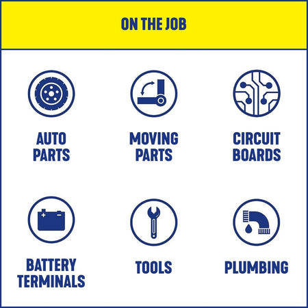 Duskie infographic showing WD-40 multi-use lubricant applications for auto parts, tools, plumbing, and electronics.