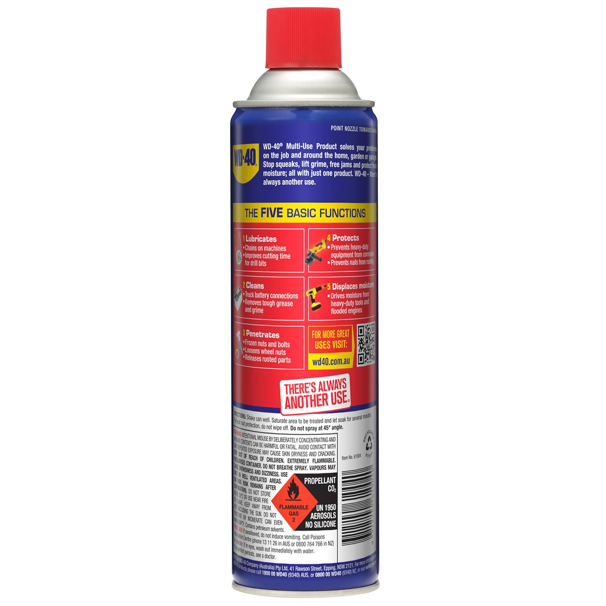 Duskie WD-40 425g multi-use lubricant spray can with blue and yellow label detailing five basic functions