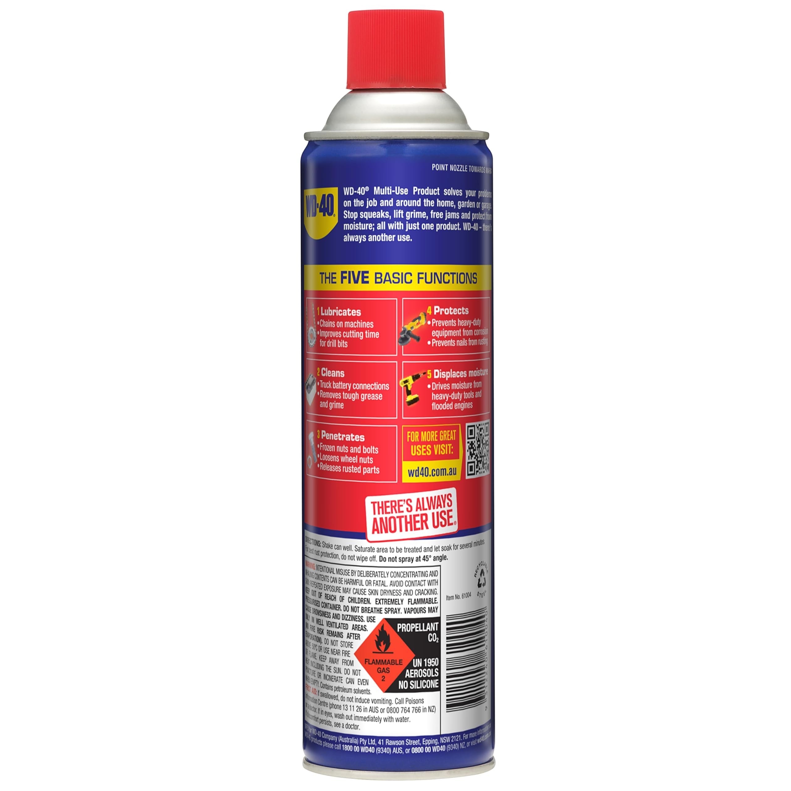 Duskie WD-40 425g multi-use lubricant spray can with blue and yellow label detailing five basic functions