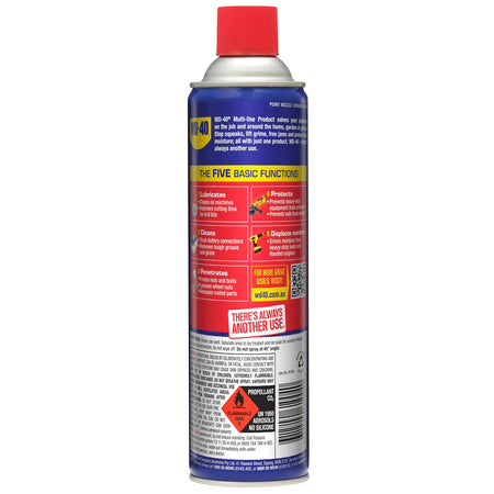 Duskie WD-40 425g multi-use lubricant spray can with blue and yellow label detailing five basic functions