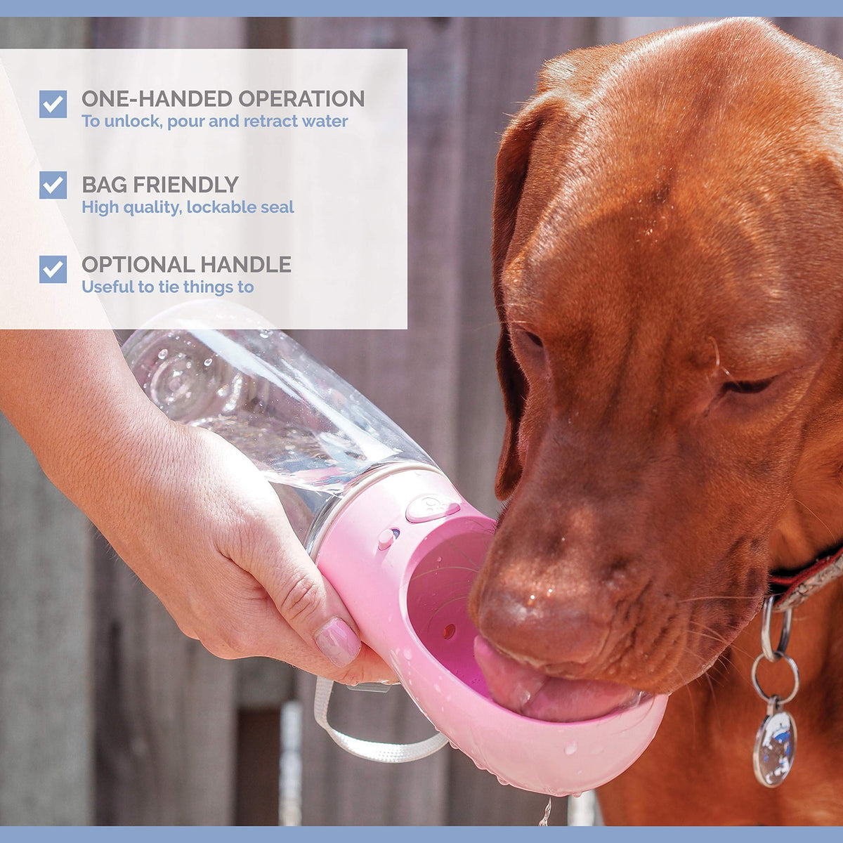 DuskieHere pink portable dog water bottle with leash dispenser, 550ml, one-handed operation, leak-proof seal.
