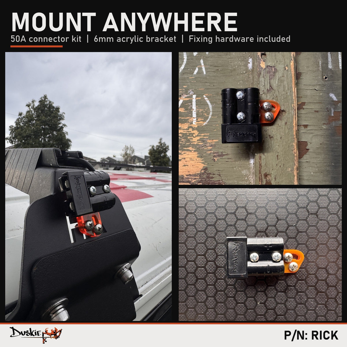 RICK 50A connector kit mounted on a roof rack, a timber board and a flat panel.