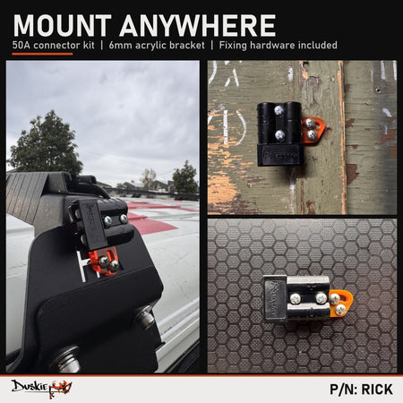 RICK 50A connector kit mounted on a roof rack, a timber board and a flat panel.