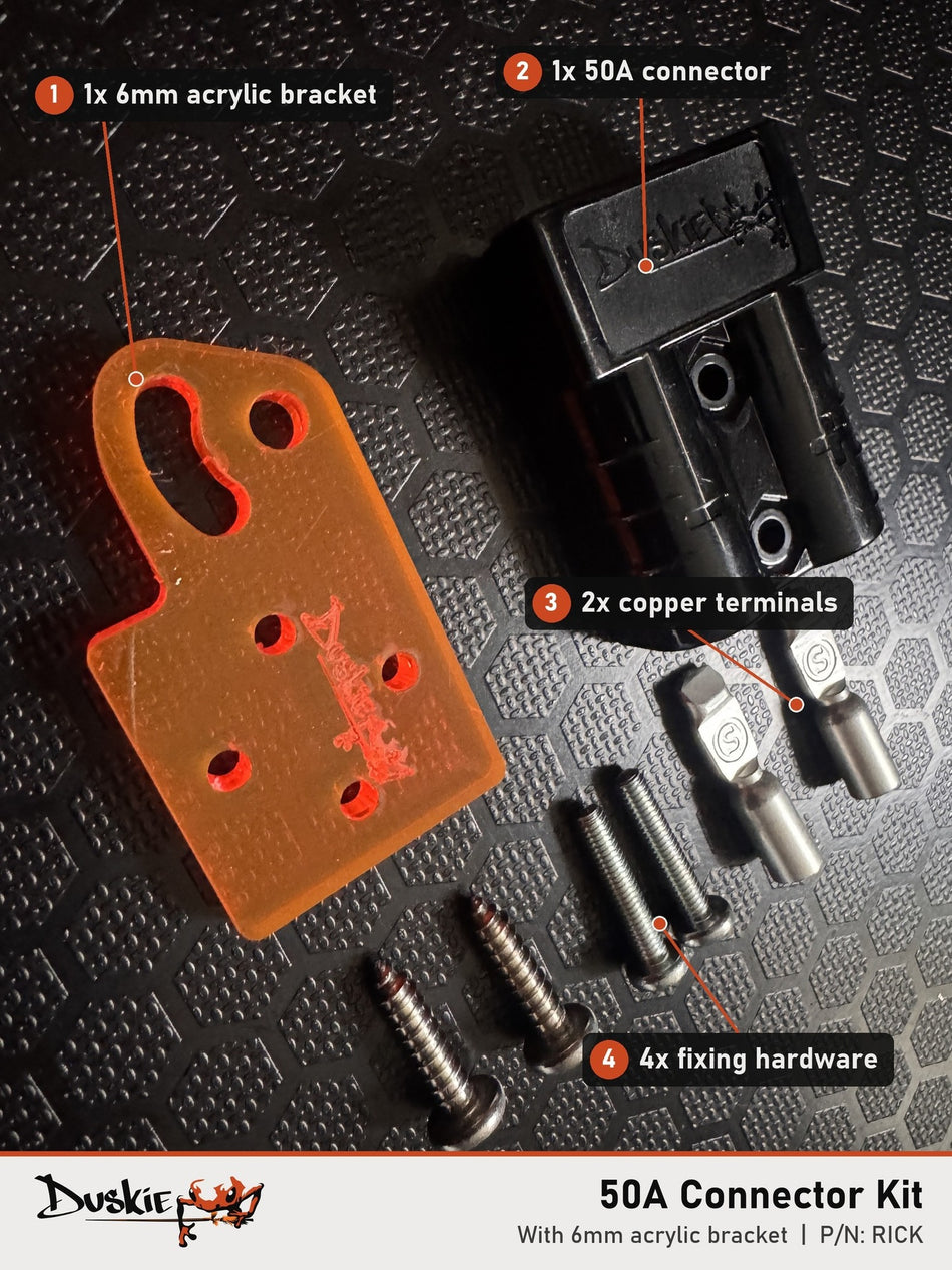 Duskie RICK 50A connector kit laid out with numbered callouts for the orange acrylic bracket, connector, copper terminals and stainless hardware.